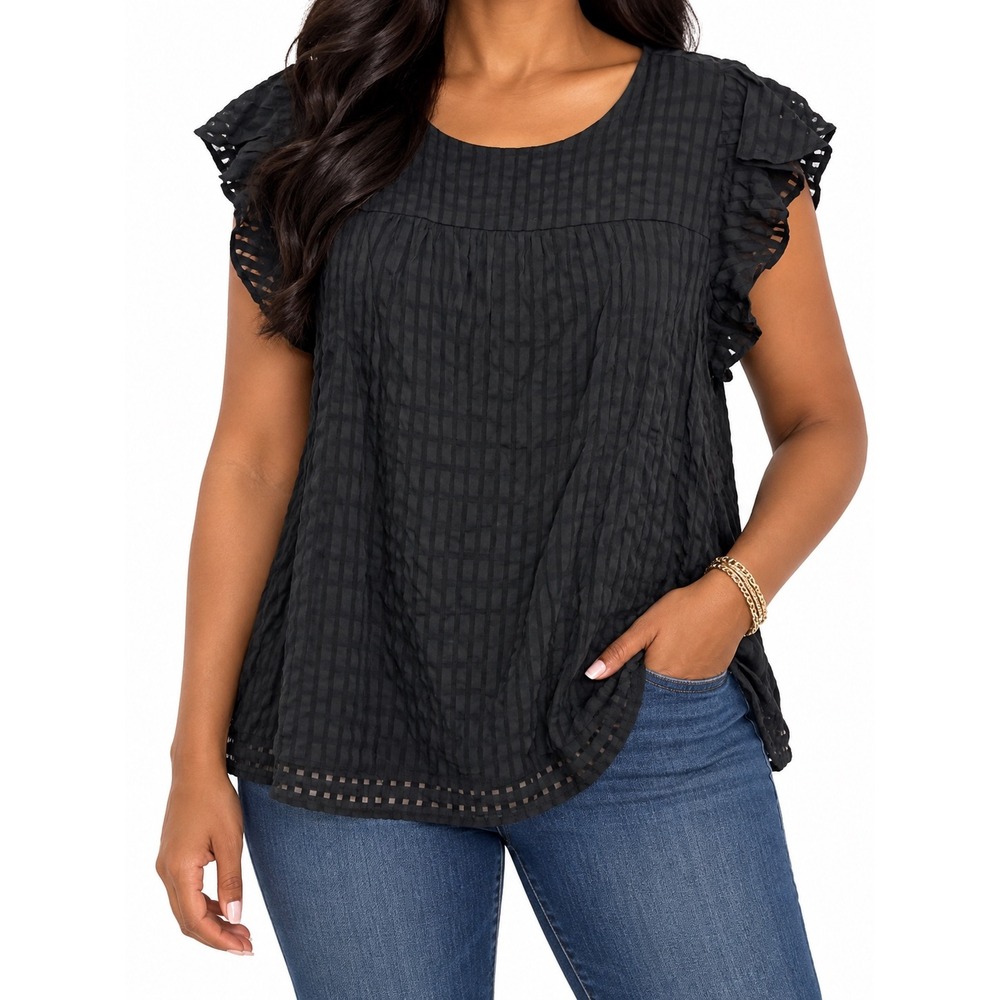 Bloomchic Black Flutter Sleeve Textured Gingham Semi-sheer Blouse US 22-24 NWT